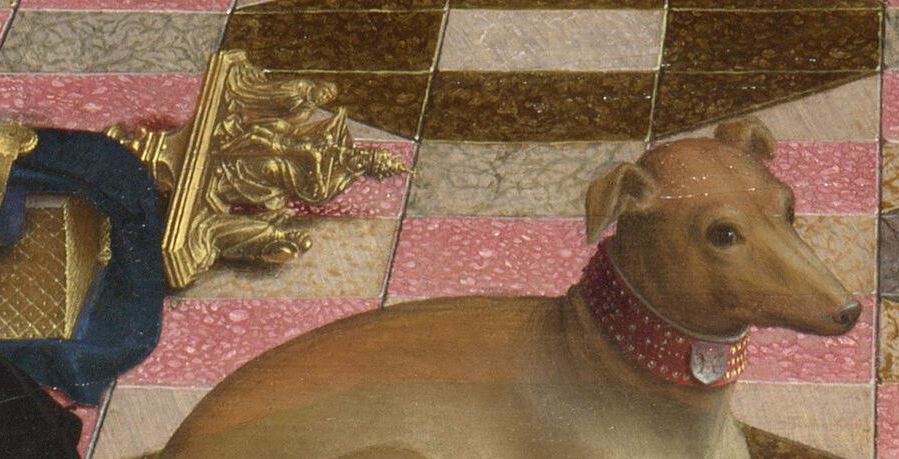 1510 ca Gerard_David_-_The_Virgin_and_Child_with_Saints_and_Donor_-National Gallery detail chien