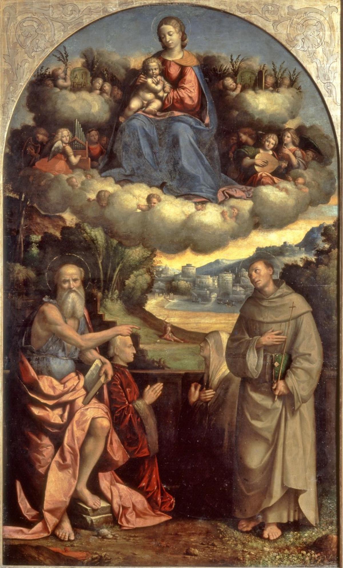 1514 Garofalo madonna-delle-nuvole Santi Girolamo, Francesco d'Assisi e due devoti della famiglia Suxena Pinacoteca Nazionale Ferrare