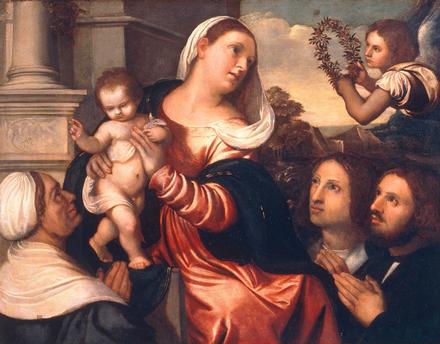 1520 Palma Vecchio Mary with the Child, donors and an angel Venice, S.Maria della Salute, Antisagrestia