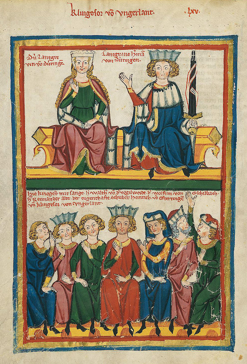 Codex Manesse, UB Heidelberg, Cod. Pal. germ. 848, fol. 219v, Sangerkrieg auf der Wartburg