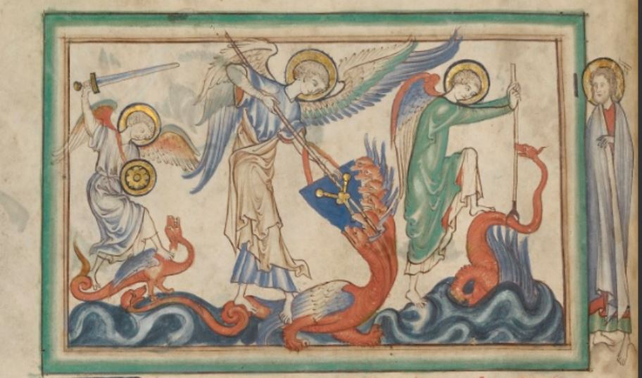 1255-60 Anglais getty museum Ms. Ludwig III 1 (83.MC.72) fol 20v The Battle between the Angel and the Dragon