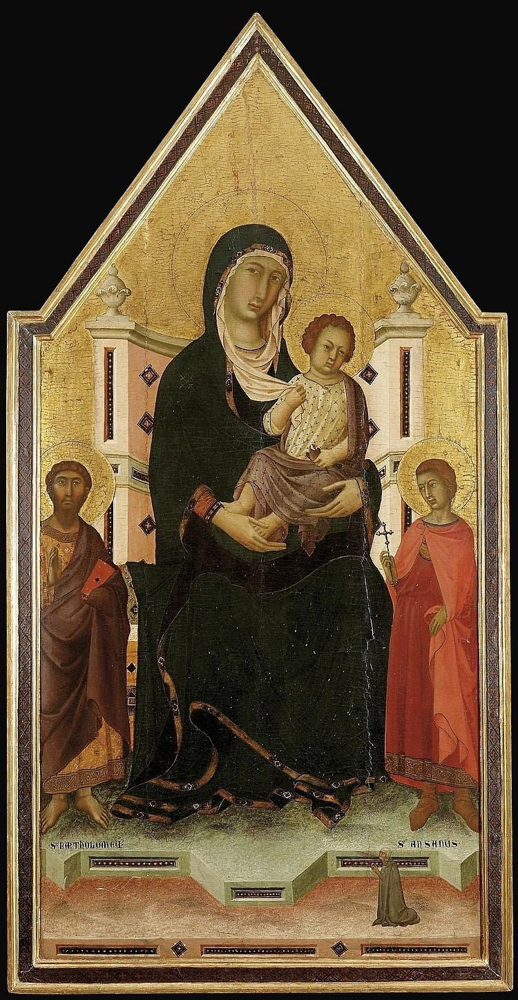 1310-30 Segna di Bonaventura, Madonna con Bambino in trono con san Bartolomeo, sant'Ansano e donatrice coll priv