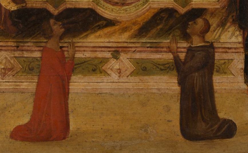 1330 avant Thronende Madonna mit Kind und Heiligen, Engeln und Stiftern, Jacopo del Casentino Staedel detail