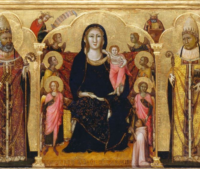 1333 Meo da Siena Madonna con Bambino in trono tra angeli e un donatore Stadel Francfort detail