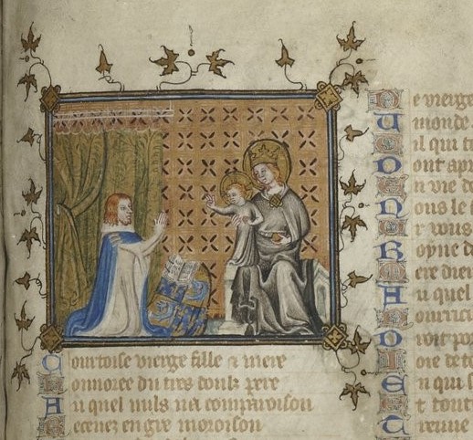 1362-63, Charles V devant la Vierge à l'Enfant Bible historiale , vol. 2 Proverbes à Apocalypse, Gallica MS 5707 fol 368r