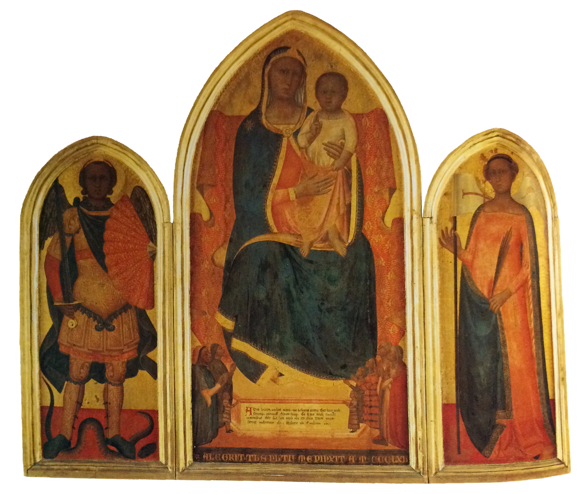 1365 Nuzi Allegretto, Madonna con Bambino in trono e donatori, San Michele Arcangelo, Sant'Orsola famiglia di Nofrio Santi, Pinacoteca vaticana
