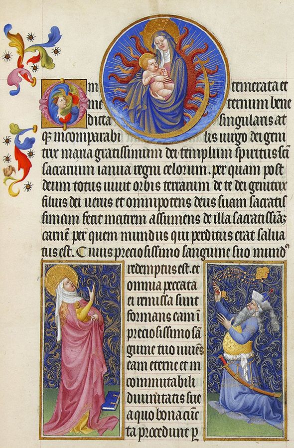 1411-16 Très Riches Heures du duc de Berry Folio_22r_-_The_Virgin,_the_Sibyl_and_the_Emperor_Augustus