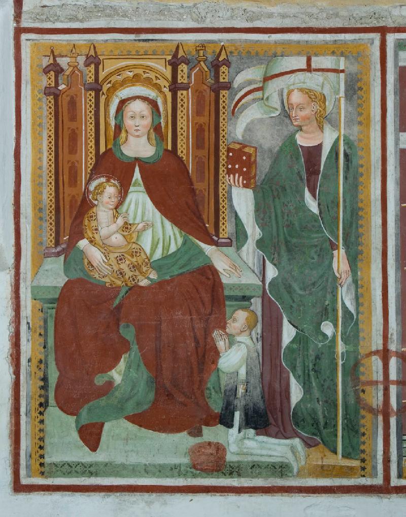 1461 Baschenis Antonio fresque Madonna con Gesù Bambino in trono, Sant'Orsola e donatore Santo Stefano church, Carisolo
