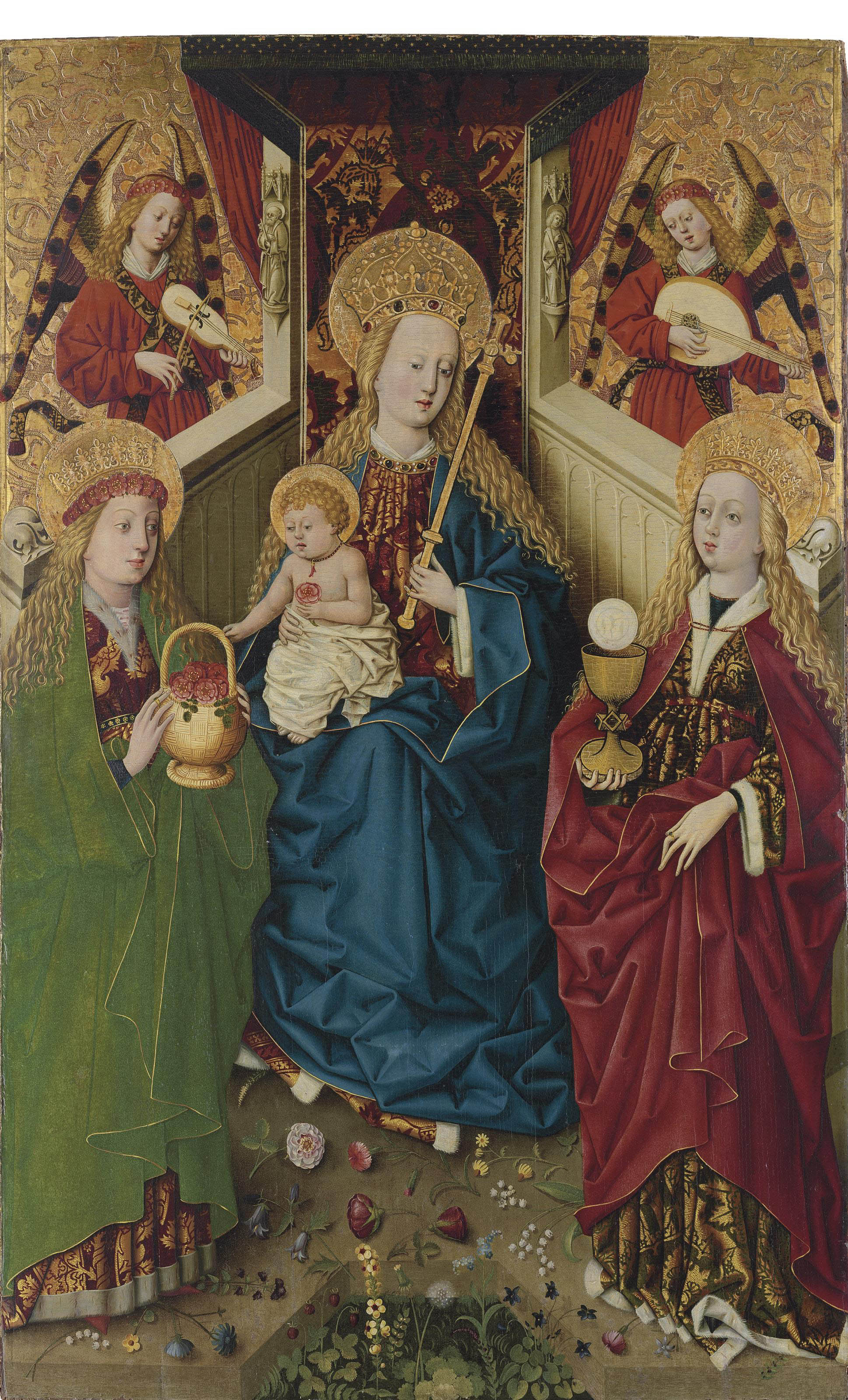 1465-1470 master-of-the-pottendorf-votive-panel-the-virgin-and-child-enthroned-with-angels,-with-saints-dorothea-and-barbara