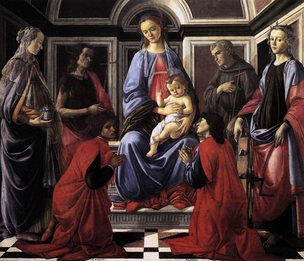 1470 ca Botticelli. Madonna and Child with Saints Mary Magdalene, John the Baptist, Francis, Catherine, Cosmas and Damian) Galleria degli Uffizi, Florence.