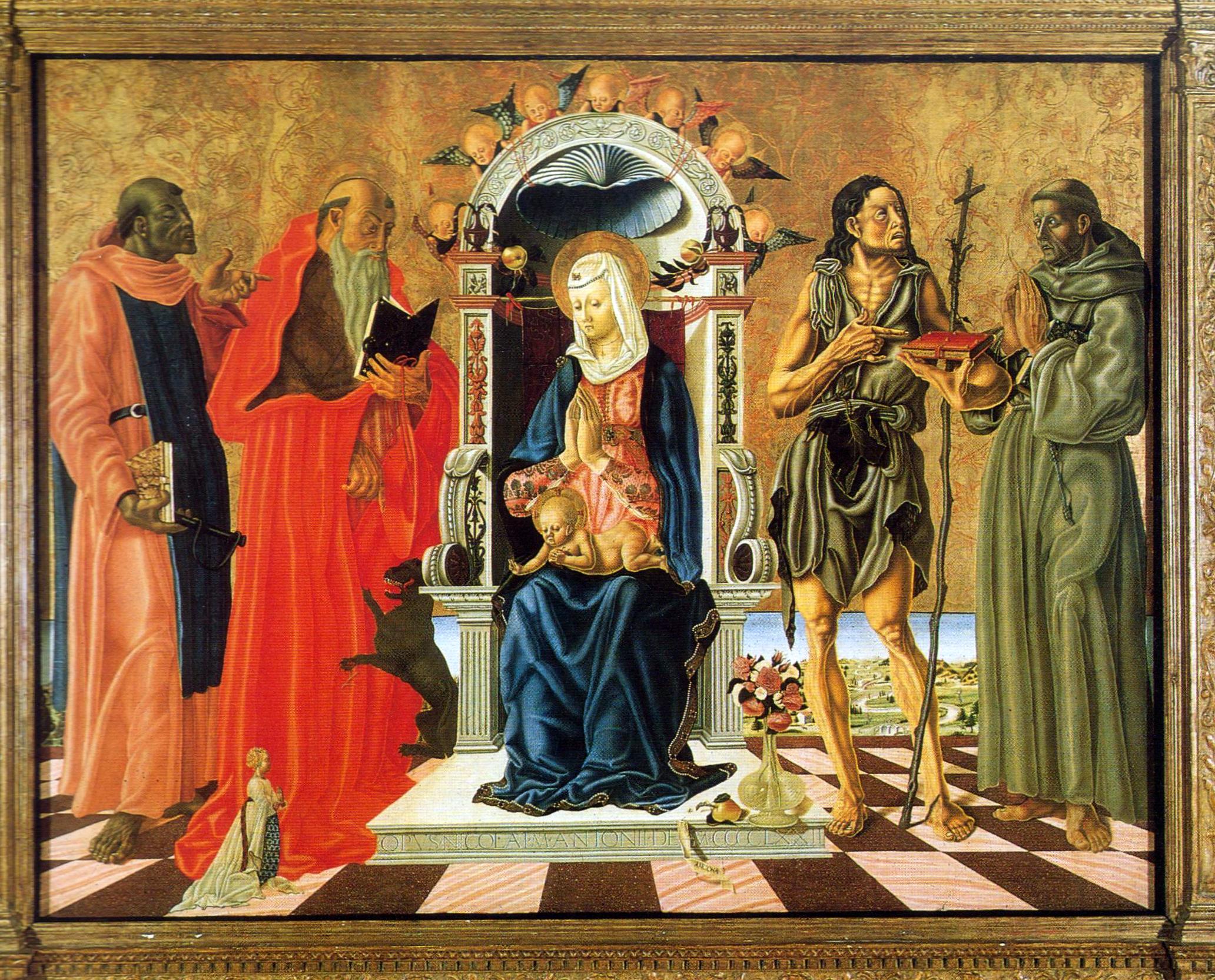 1472 Nicola di Maestro Antonio di Ancona, san Leonardo,Girolamo,Giovanni Battista, Francesco d'Assisi e donatrice Carnegie Museum of Art