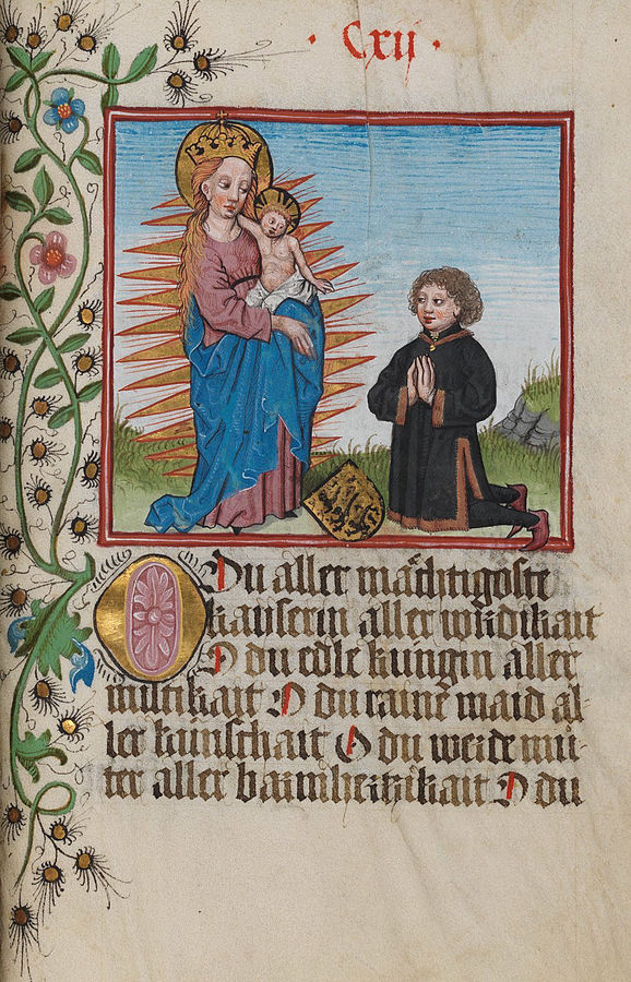 1476 Der Graf von Waldburg kniet vor der Madonna im Strahlenkranz; illuminierte Seite aus dem Waldburg-Gebetbuch, WLB Stuttgart, Cod. brev. 1
