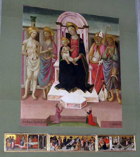 1480-85 Maestro di San Miniato, san Sebastiano, san Giovanni Battista, un santo vescovo, san Rocco cappella degli Armaleoni Chiesa di S. Domenico