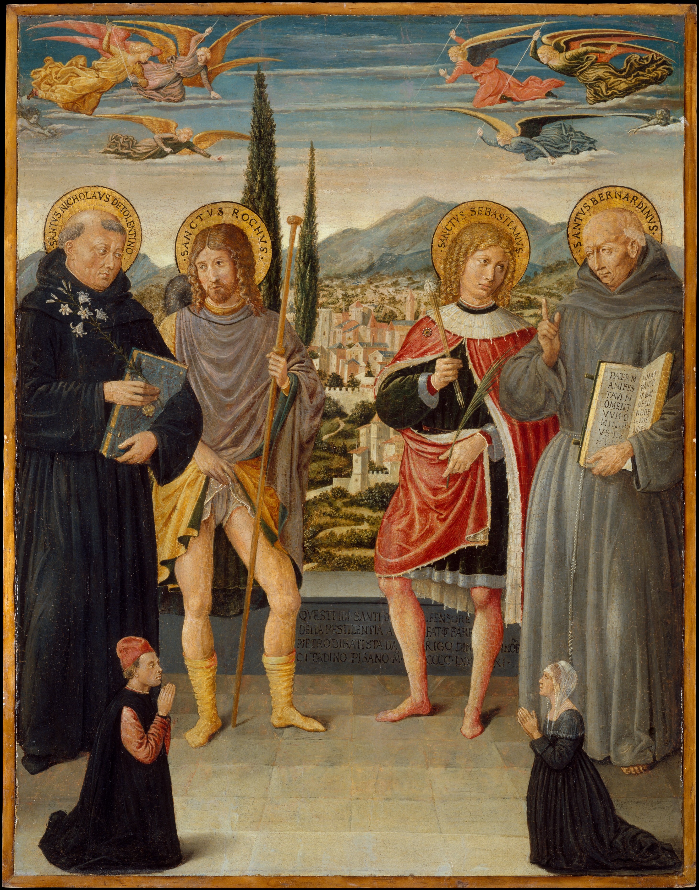 1481 Benozzo Gozzoli Saints Nicholas of Tolentino, Roch, Sebastian, and Bernardino of Siena, with Kneeling Donors MET