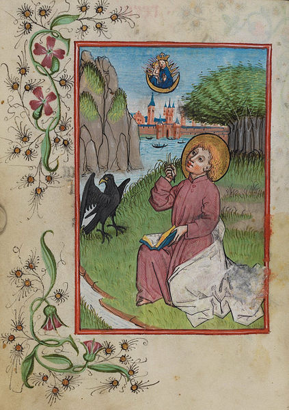 1486 Johannes auf Patmos, illuminierte Seite aus dem Waldburg-Gebetbuch, WLB Stuttgart, Cod. brev. 12, fol. 34v