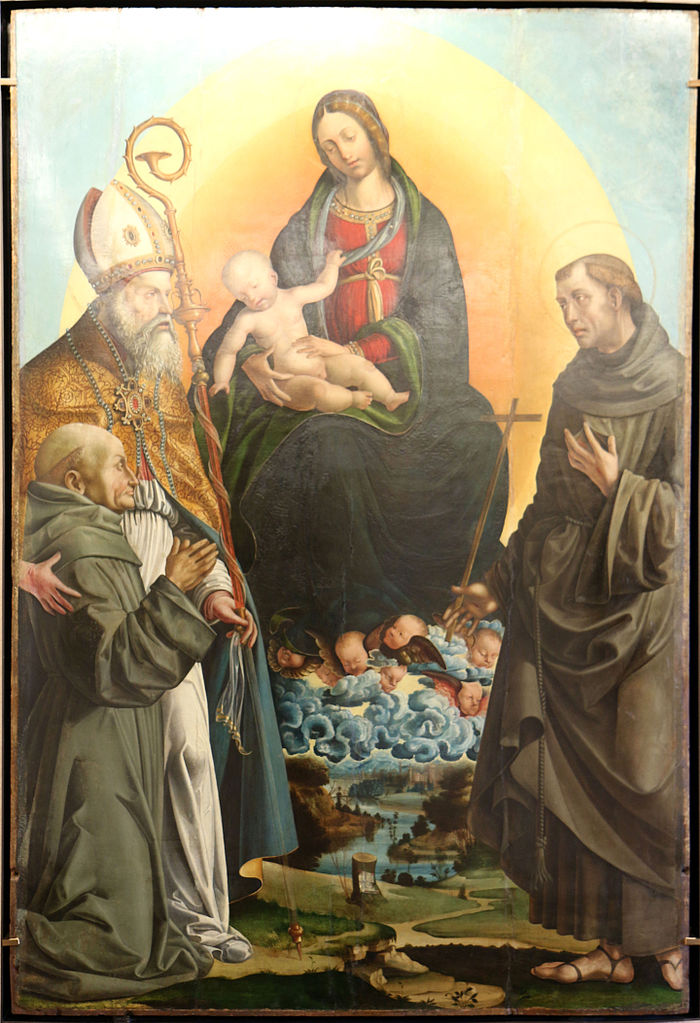 1507 Bononi Bartolomeo, Madonna con Bambino in gloria tra sant'Ambrogio, san Francesco d'Assisi e donatore Musée du Petit Palais, Avignon