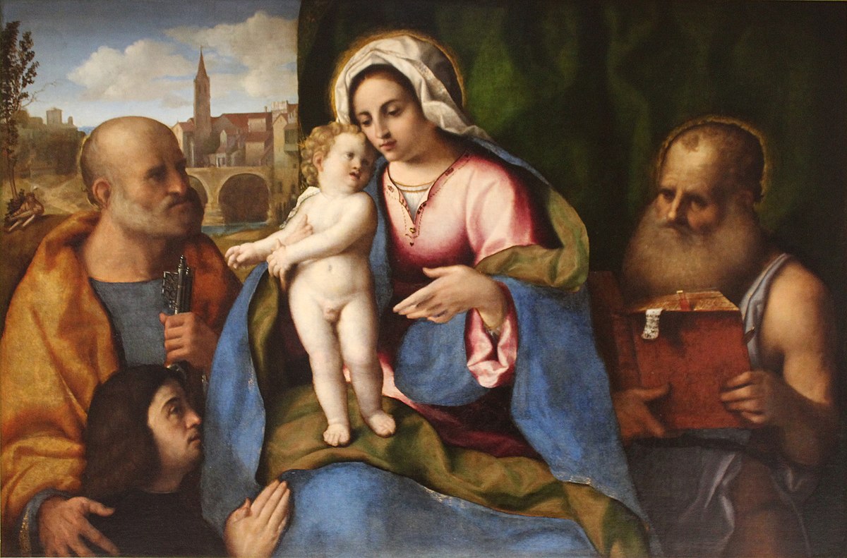 1508-10 Palma Vecchio,_Madonna_with_child,_Saint_Jerome,_St._Peter_and_donor Chateau_de_Chantilly,_