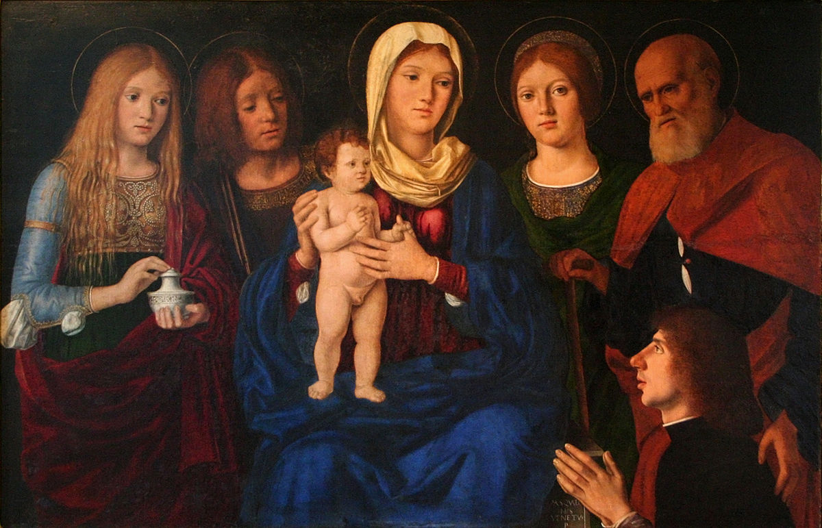 DJ 1496-1504 Pasqualino_Veneto_ Mary_Magdalene,_John,_Joseph_an_Unidentified_Saint_and_the_Donor National Gallery in Prague