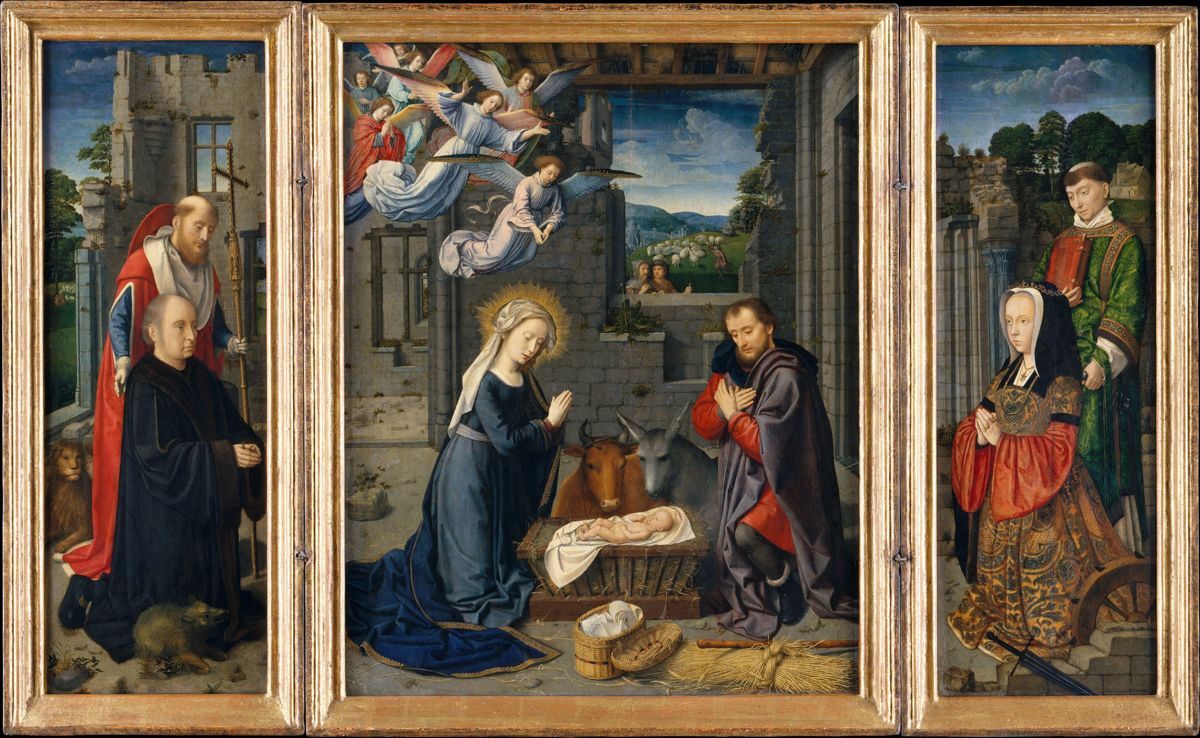 Gerard David 1510-15 The Nativity with Donors and Saints Jerome and Leonard MET