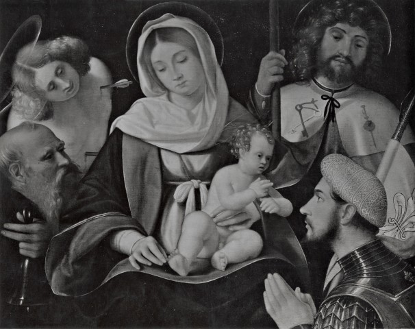 SVDS 1500-28 Andrea Previtali Madonna sant'Antonio Abate, san Giacomo Maggiore, san Sebastiano e donatore Collezione Saibene, Milano