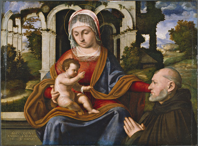 VD 1506 Andrea Previtali The Virgin and Child with kneeling donor by Mellerstain House, collezione Earl of Haddington