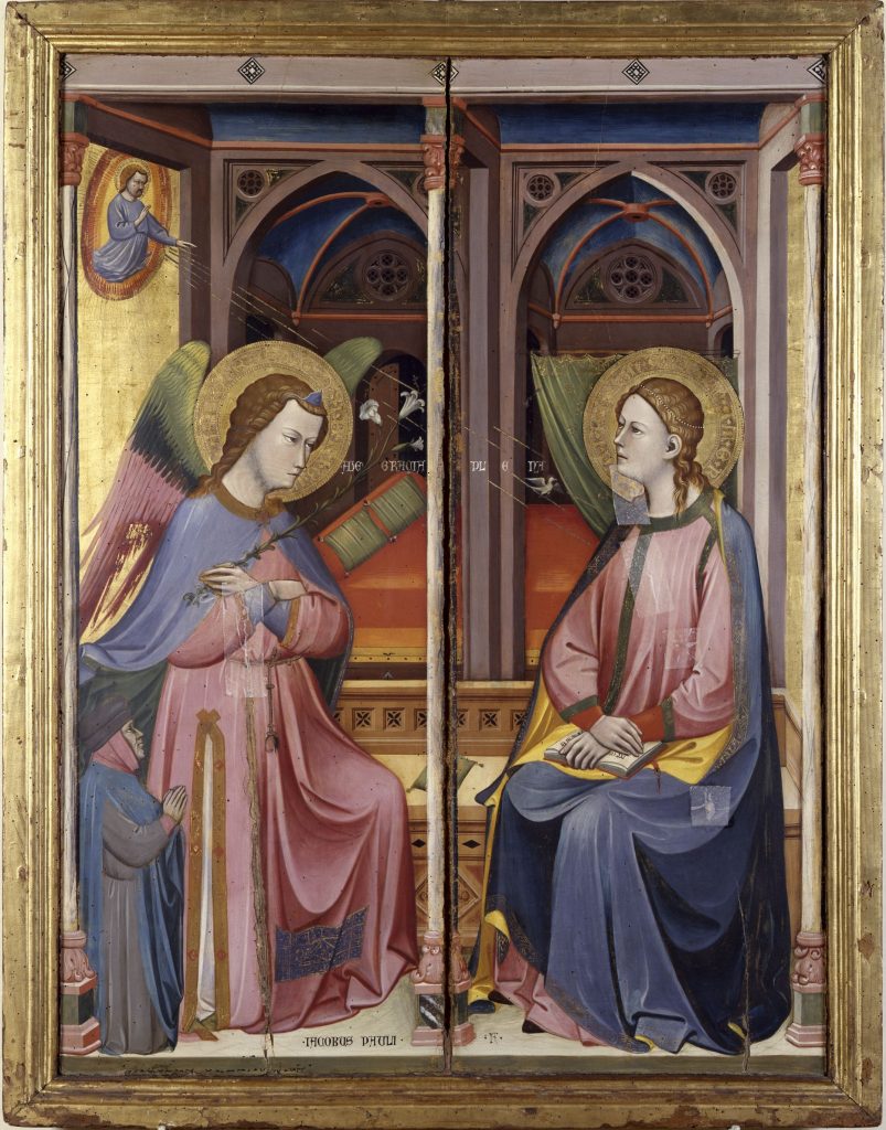 1390-1400 Jacopo_di_Paolo._L'Annunciazione,__Bologna,_Collezioni_Comunali_d'Arte donateur Jacopo di Matteo Bianchetti