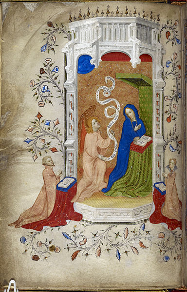 1405-25 Beaufort_Beauchamp_Hours Miniature of the Annunciation, with two donors praying, Royal 2 A. xviii, f. 23v