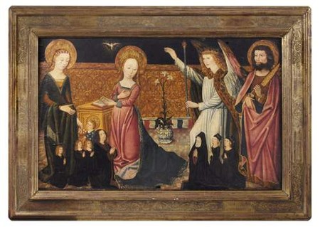 1480 ca Ecole COLONAISE L'Annonciation avec saint Barthelemy, sainte Dorothee et donateurs coll privee