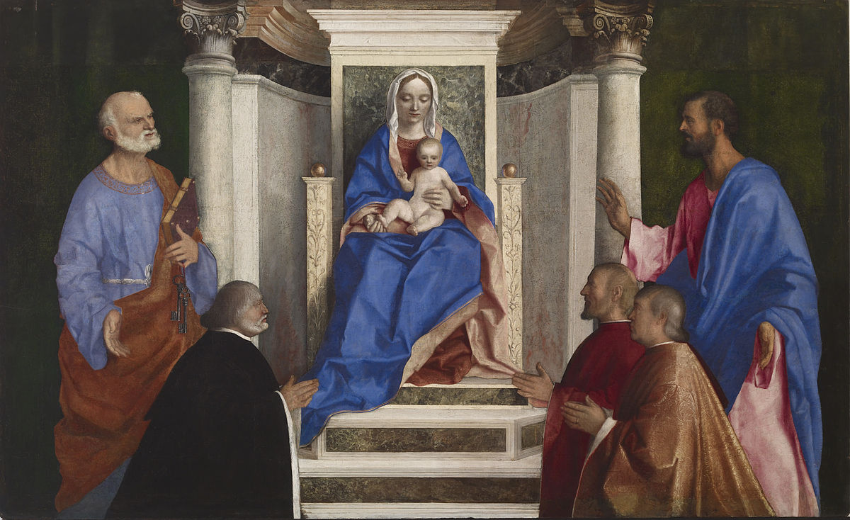 1510 Giovanni_Bellini_-_Madonna_and_Child_with_Saints_Peter_and_Mark_and_Three_Venetian_Procurators_-_Walters_37446