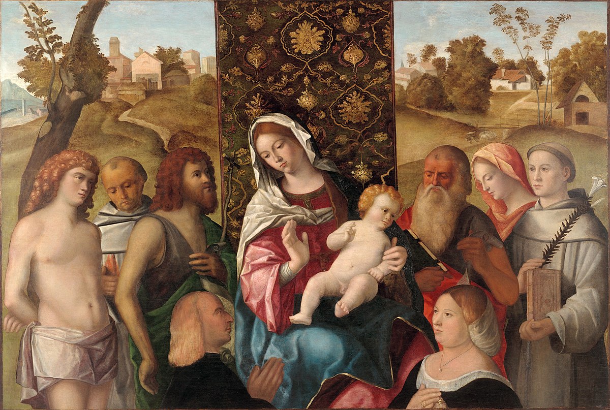1515 ca St. Sebastian, Francis, Baptist,Jerome, unidentified female saint, St. Anthony of Padua Cercle de Giovanni Bellini Fogg Museum Harvard