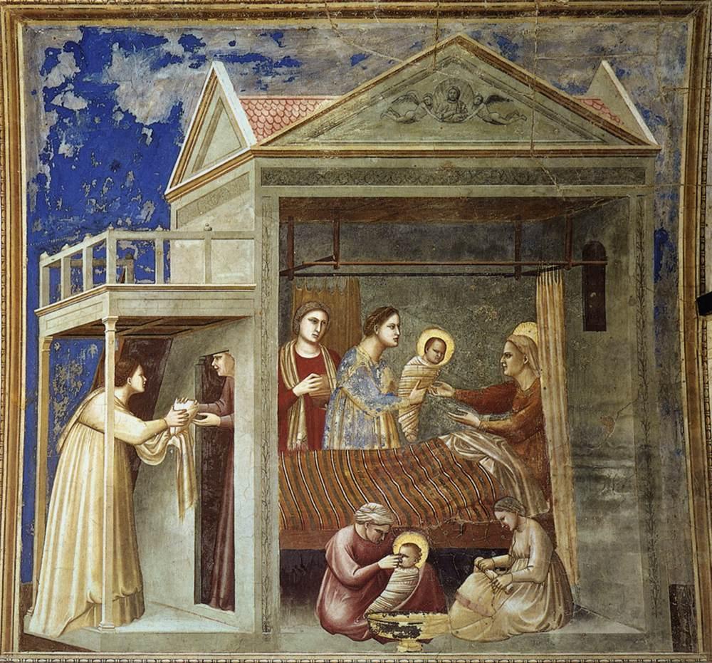 Giotto_di_Bondone_ 1303-05 The_Birth_of_the_Virgin_Cappella degli Scrovegni Eglise de l'arena Padoue