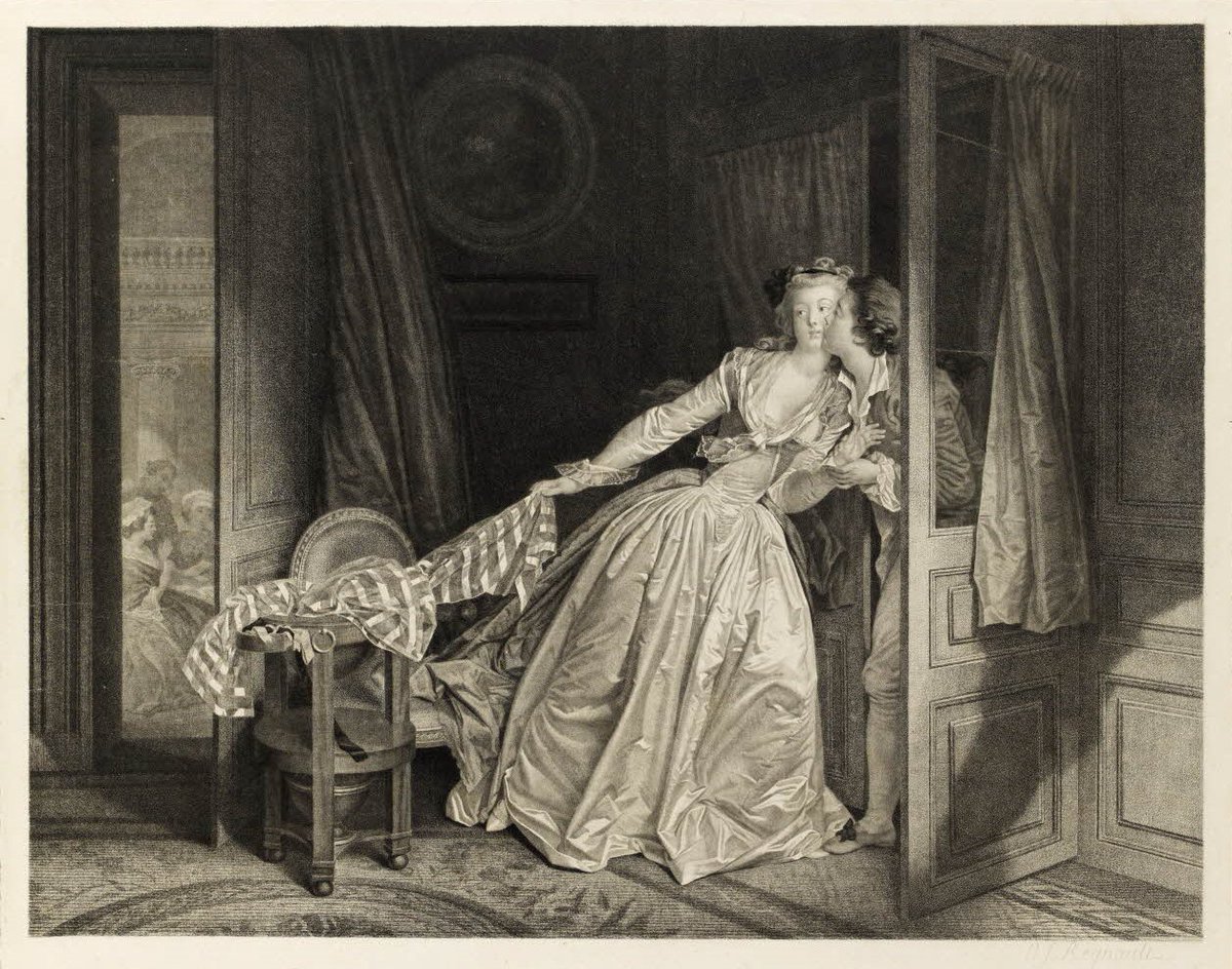 Fragonard et Marguerite Gerard 1785-88 Le baiser a la derobee 45,1 × 54,8 cm Gravure de Regnault 1788