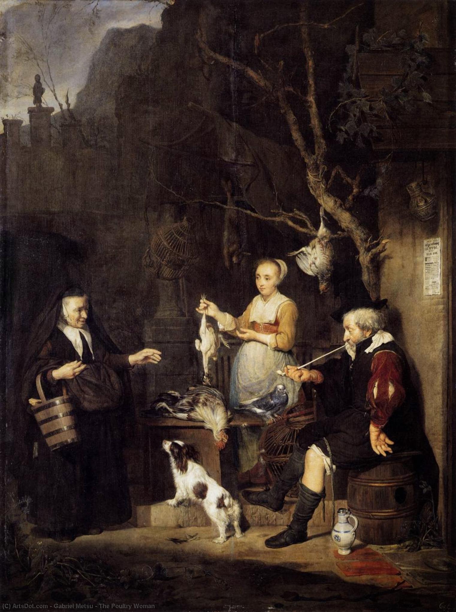 Metsu 1662 Jeune femme vendant de la volaille Gemaldegalerie Alte Meister Dresde