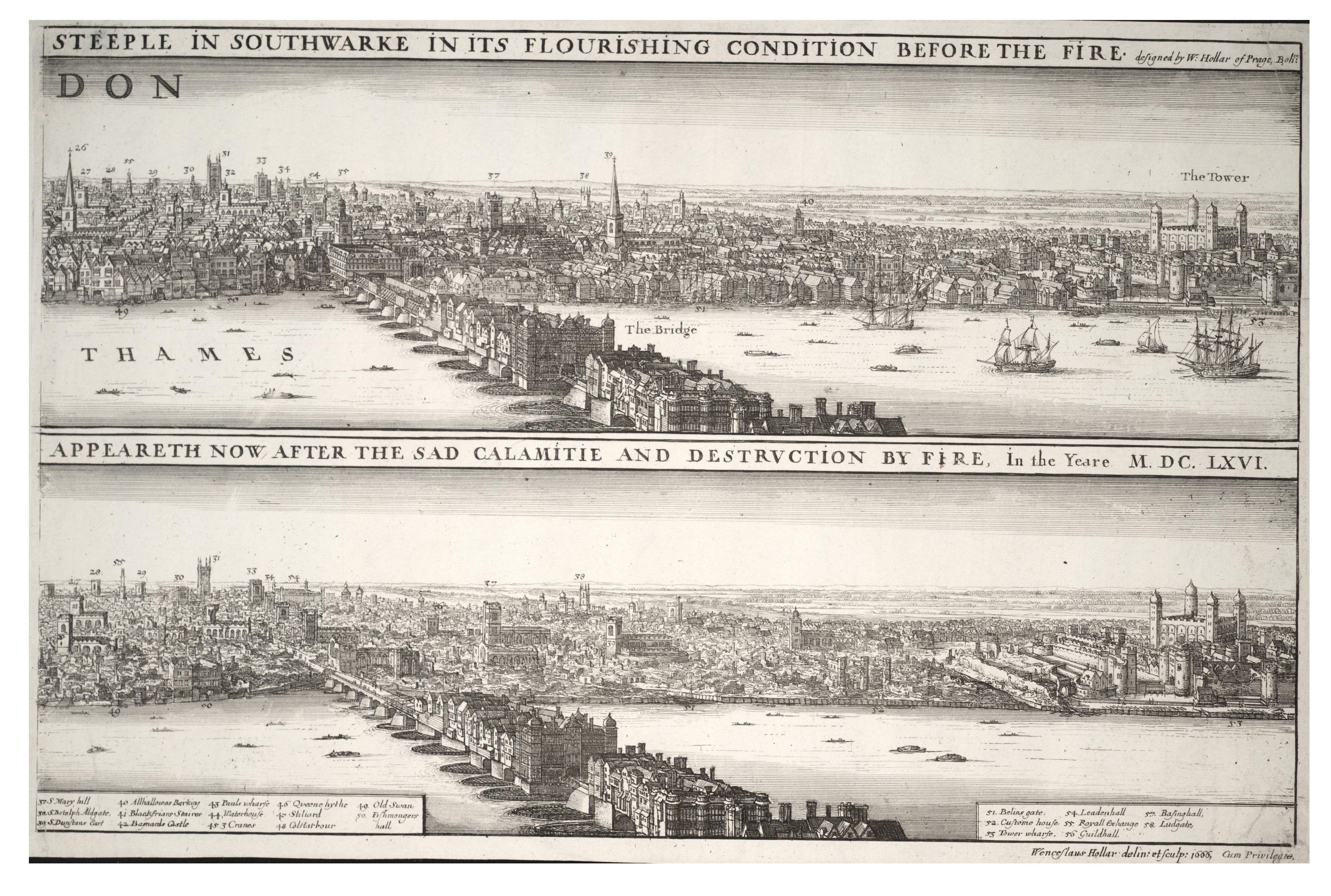 Wenceslas Hollar 1666 B Londres avant et après le Grand Incendie