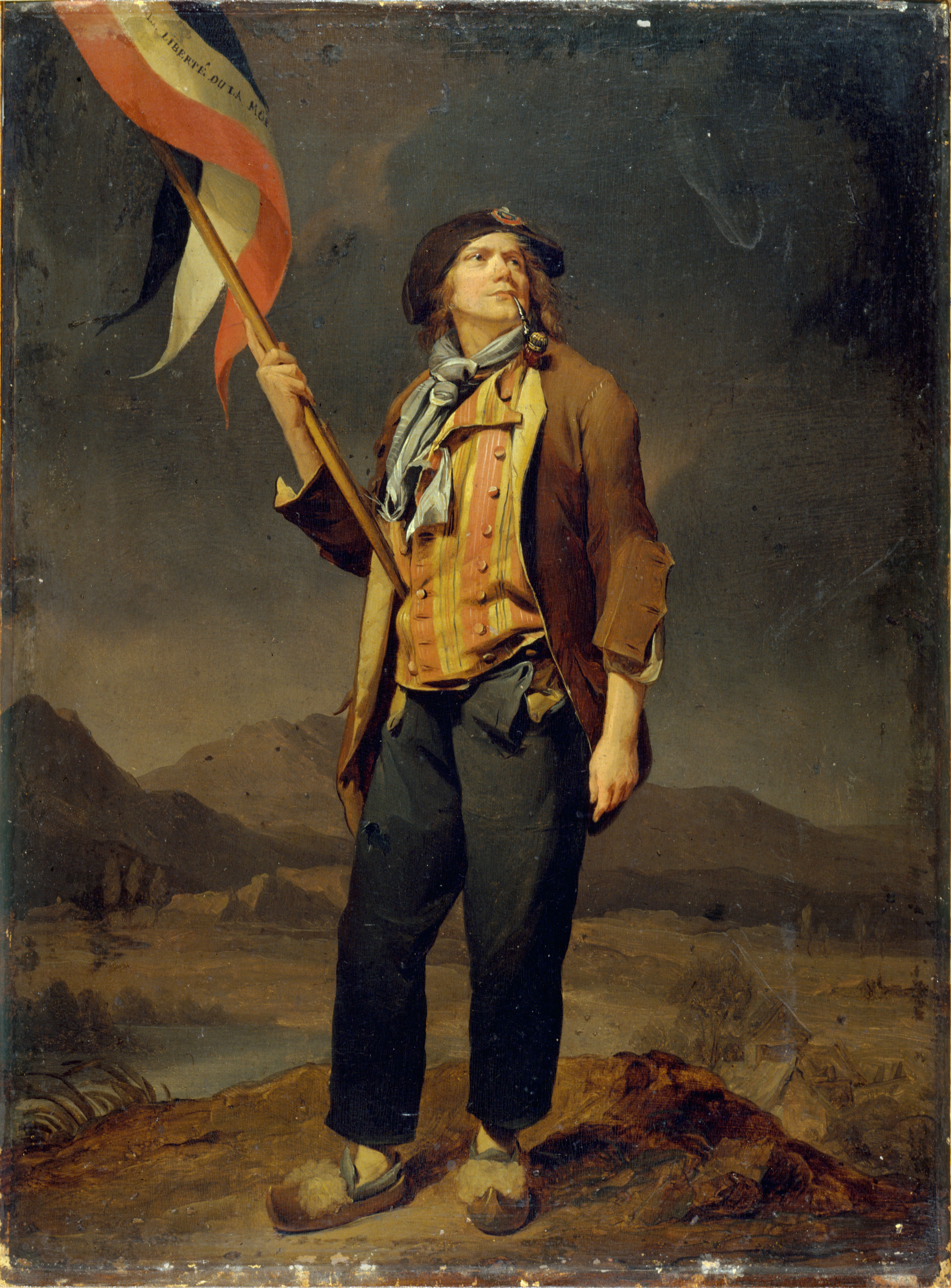 Le chanteur Simon Chenard en costume de sans-culotte, portant un drapeau à la fête de la liberté de la Savoie, le 14 octobre 1792