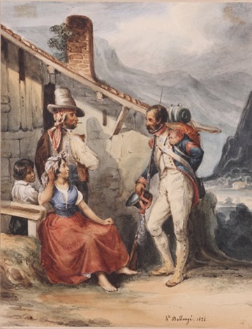 hippolyte-bellange 1828 Ier Empire - Soldat de la Grande Armee en conversation avec un couple d'Espagnols,