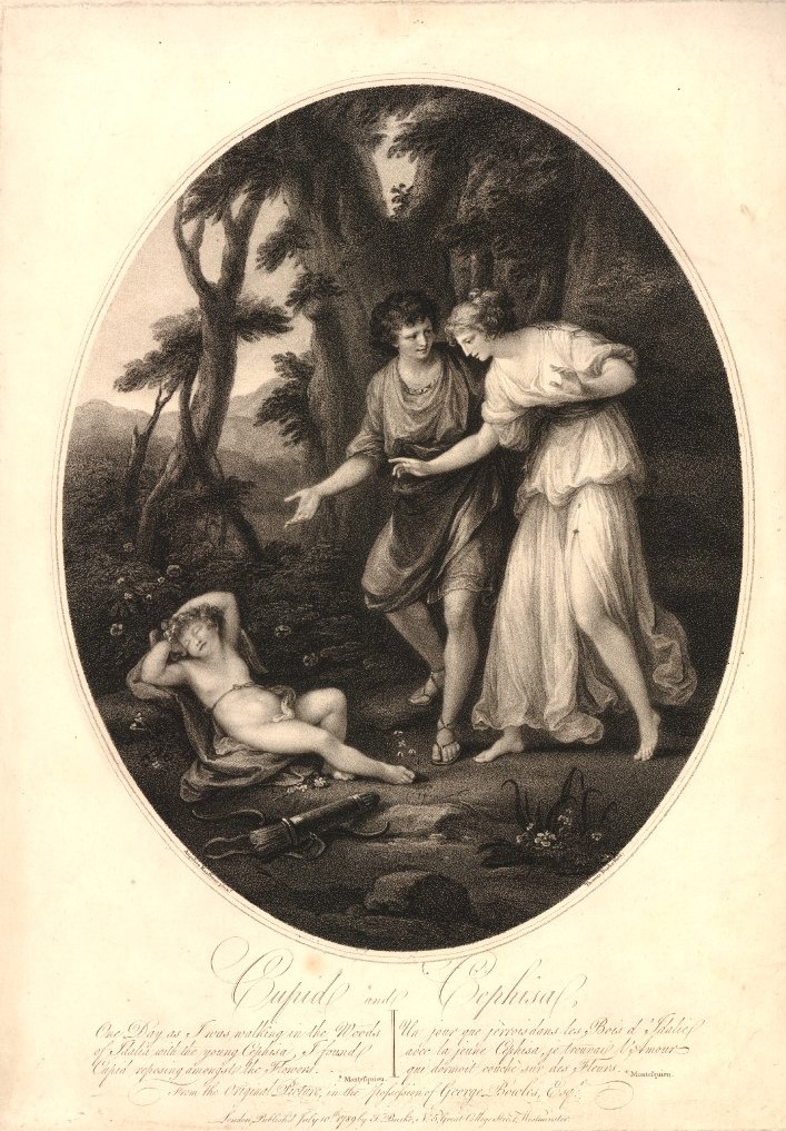 Angelika Kauffmann 1782 pour Bowles Cephise et son amant découvrant Cupidon endormi dans les bois de Sdallia gravure