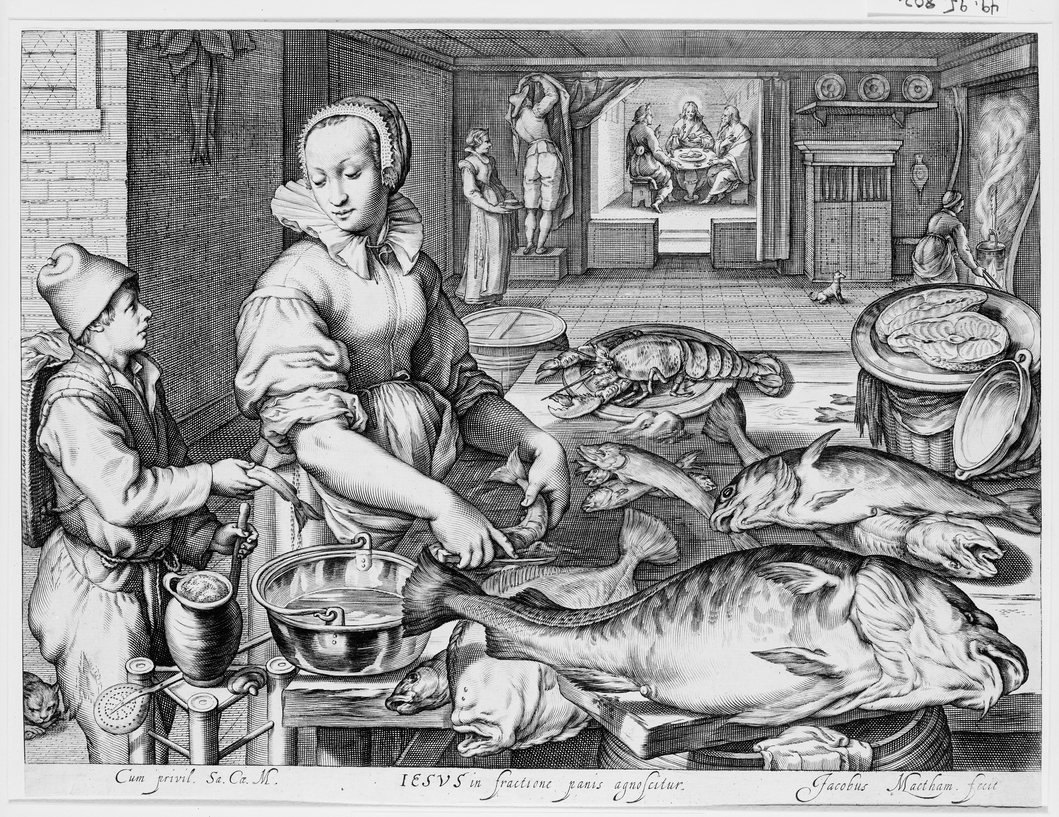 Jacob Matham 1603 ca Kitchen Scene with Kitchen Maid Preparing Fish, Christ at Emmaus in the Background MET,jpg