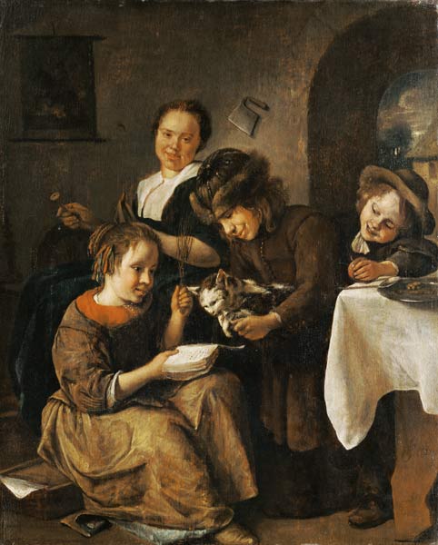 Steen 1665-68 Enfants apprenant à lire a un chat Musee des BA Bale