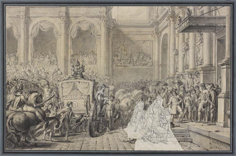 Jacques-Louis David, Arrivee de Napoleon Ier à l'Hotel de Ville, 1805, dessin à la plume sur papier (c) RMN-Grand Palais (musee du Louvre) - Stephane Marechalle