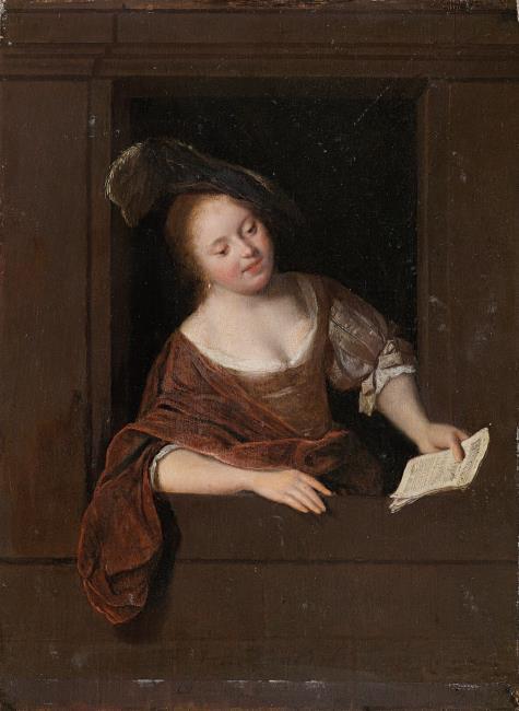 Ochtervelt 1668 Young woman singing in a window collection privee