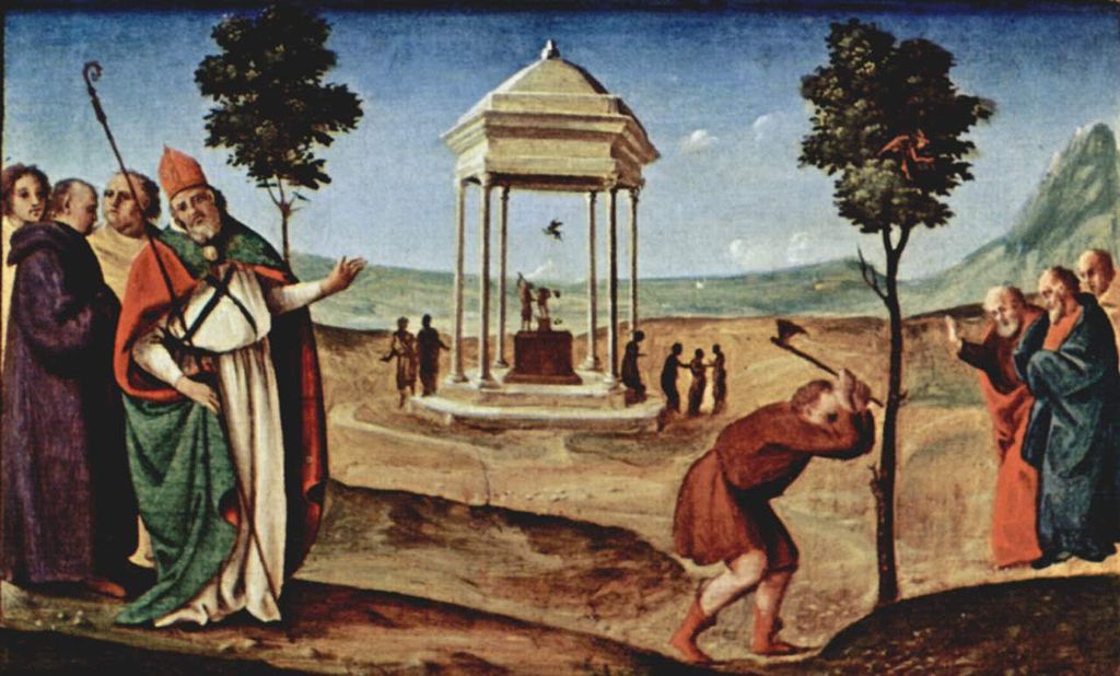 Piero di Cosimo 1485-90 Pugliese-Altar, Predella, rechte Szene Hl. Nikolaus von Bari und die Götzenbilder