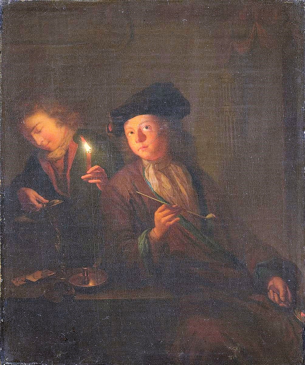 Schalcken attr 1690-1706 Een man met een pijp en een man, die zich een glas inschenkt Rijksmuseum SK-A-371