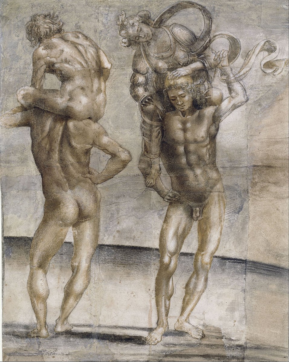 1490-95 Luca_Signorelli Two_nude_youths_carrying_a_young_woman_and_a_young_man Kupferstichkabinett Berlin