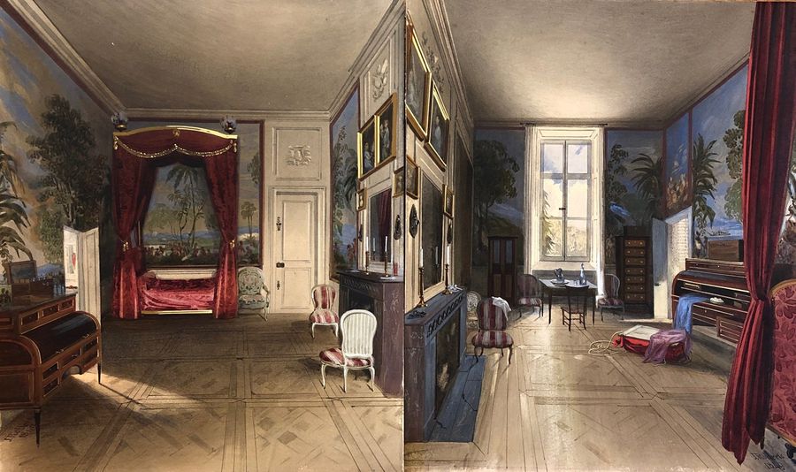 ROBERTS James 1849 Vue d'intérieur du château du Fresne en France deux aquarelles coll part
