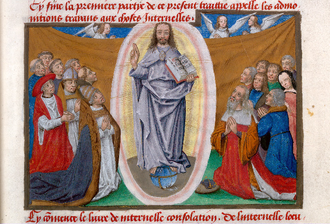 Salvator Mundi entoure par la chretiente en priere Imitation de Jésus-Christ 1480 Valenciennes - BM - ms. 0230 f 066