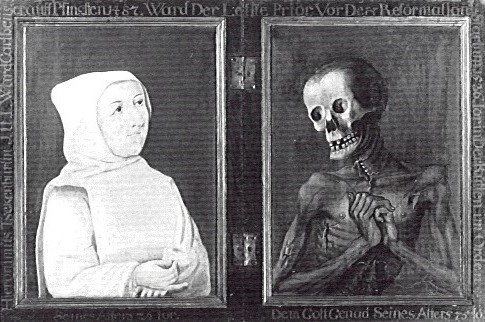 Anonyme nach 1487, Der Kartausermonch Hieronymus Tschekkenbürlin blickt dem Tod ins Gesicht. Diptychon