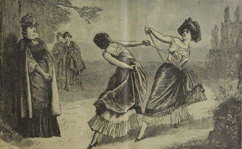 Duel à Fontainebleau entre Jeannette Darlon et sa rivale en amour Marie Assard, Das Interessante Blatt, 28-5-1885