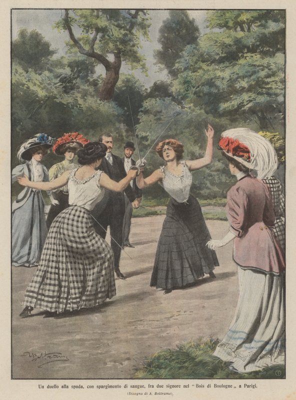 Duel au Bois de Boulogne Lina de Namias et Andree Alaza La Domenica del Corriere del 5-12 luglio 1908 p 18 Dessin Achille Beltrame