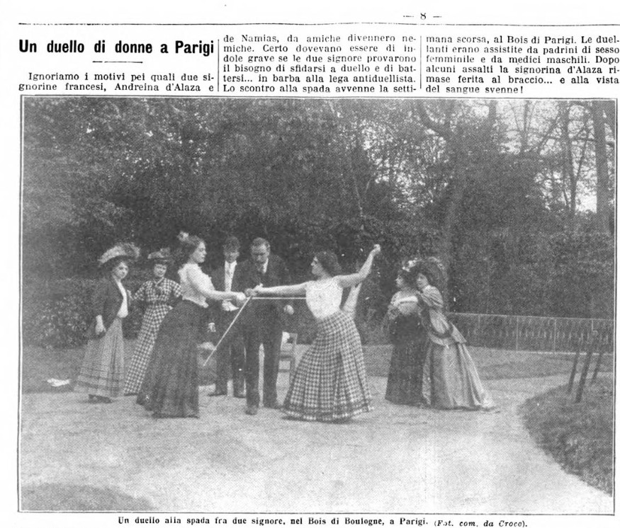 Duel au Bois de Boulogne Lina de Namias et Andree Alaza La Domenica del Corriere del 5-12 luglio 1908 p 8